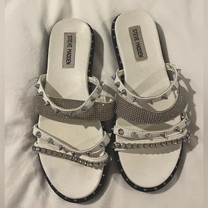 Steve Madden White Leather Studded Flat Sandals